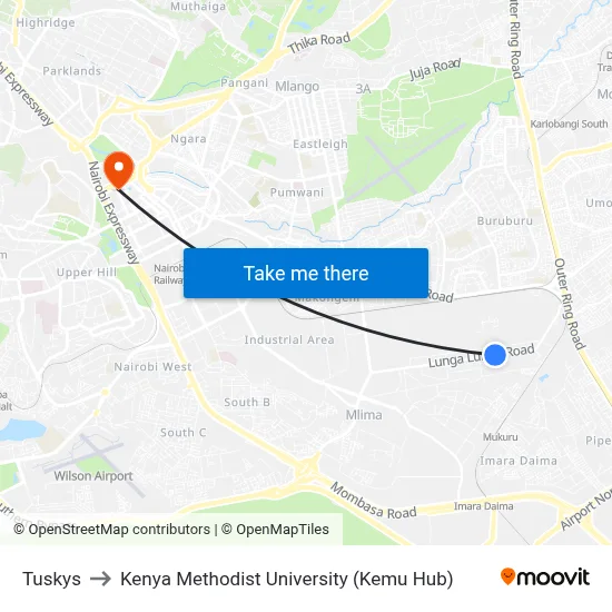 Tuskys to Kenya Methodist University (Kemu Hub) map
