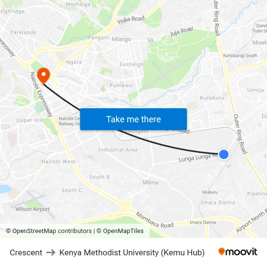 Crescent to Kenya Methodist University (Kemu Hub) map