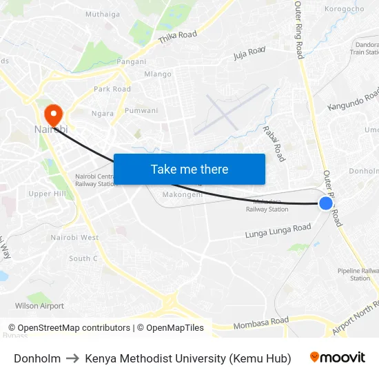 Donholm to Kenya Methodist University (Kemu Hub) map
