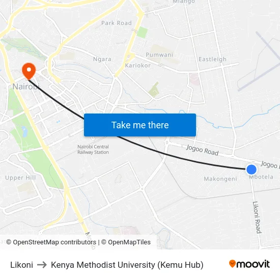 Likoni to Kenya Methodist University (Kemu Hub) map