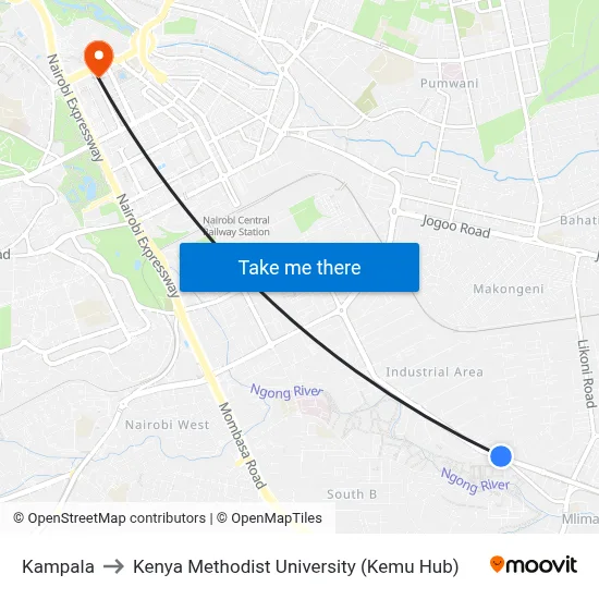 Kampala to Kenya Methodist University (Kemu Hub) map