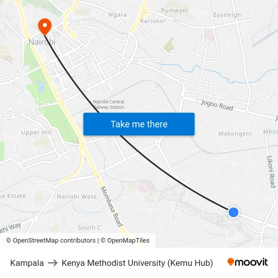 Kampala to Kenya Methodist University (Kemu Hub) map