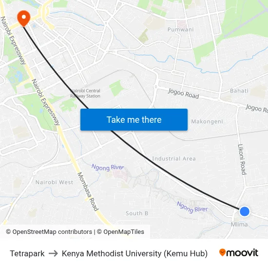Tetrapark to Kenya Methodist University (Kemu Hub) map