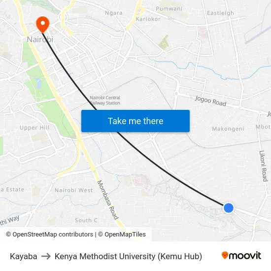 Kayaba to Kenya Methodist University (Kemu Hub) map