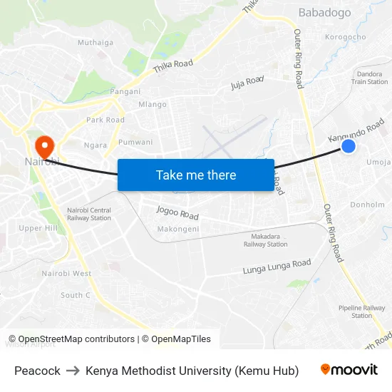 Peacock to Kenya Methodist University (Kemu Hub) map