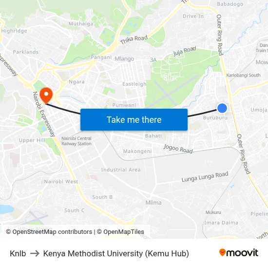 Knlb to Kenya Methodist University (Kemu Hub) map