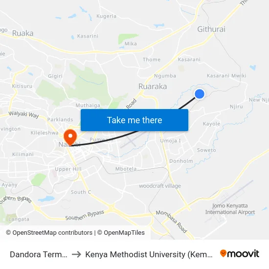 Dandora Terminal to Kenya Methodist University (Kemu Hub) map