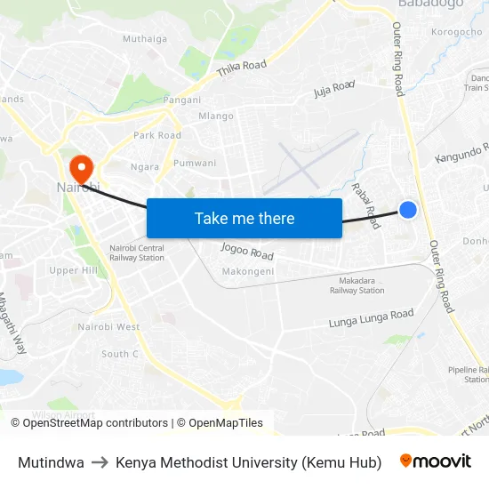 Mutindwa to Kenya Methodist University (Kemu Hub) map
