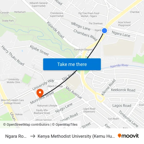 Ngara Road to Kenya Methodist University (Kemu Hub) map