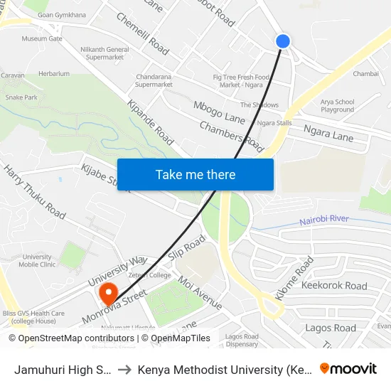 Jamuhuri High School to Kenya Methodist University (Kemu Hub) map