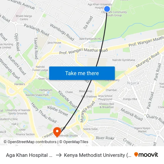 Aga Khan Hospital Junction to Kenya Methodist University (Kemu Hub) map
