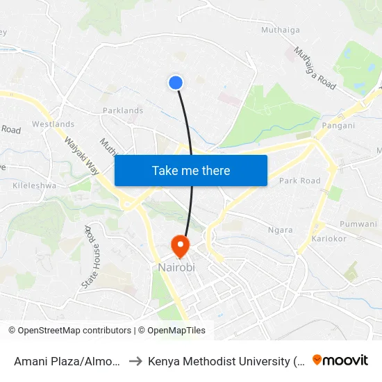 Amani Plaza/Almond Court to Kenya Methodist University (Kemu Hub) map