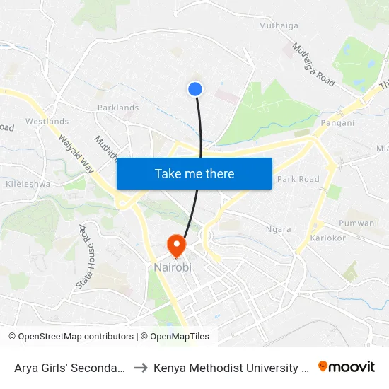 Arya Girls' Secondary School to Kenya Methodist University (Kemu Hub) map