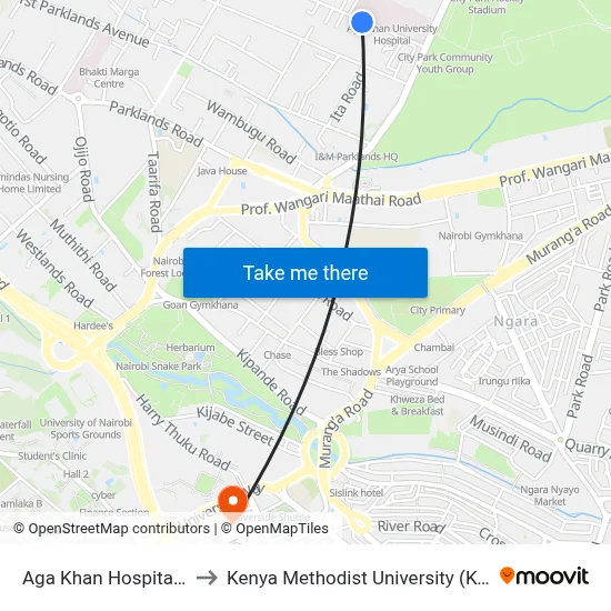 Aga Khan Hospital Stage to Kenya Methodist University (Kemu Hub) map