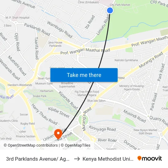 3rd Parklands Avenue/ Aga Kan Hospital Junction to Kenya Methodist University (Kemu Hub) map