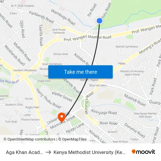 Aga Khan Academy to Kenya Methodist University (Kemu Hub) map