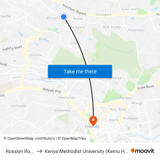 Rosslyn Road to Kenya Methodist University (Kemu Hub) map