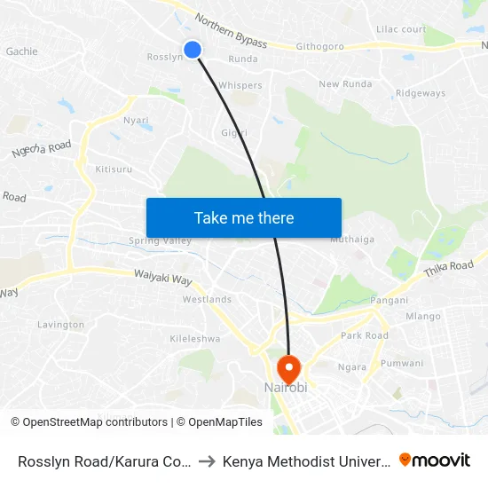 Rosslyn Road/Karura Community Chapel to Kenya Methodist University (Kemu Hub) map