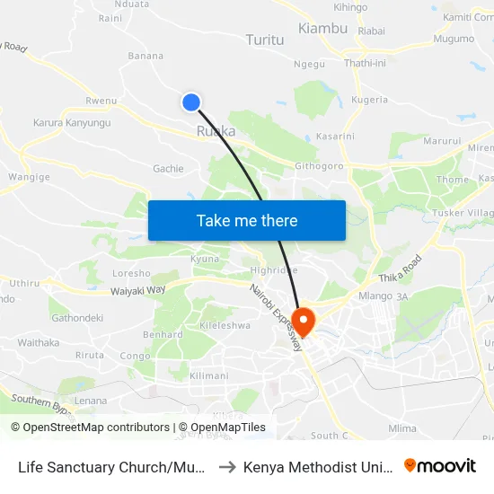 Life Sanctuary Church/Muchatha Shopping Centre to Kenya Methodist University (Kemu Hub) map