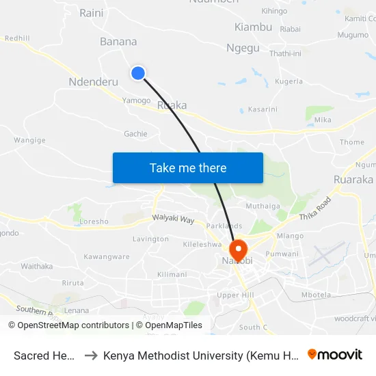 Sacred Heart to Kenya Methodist University (Kemu Hub) map