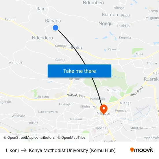 Likoni to Kenya Methodist University (Kemu Hub) map