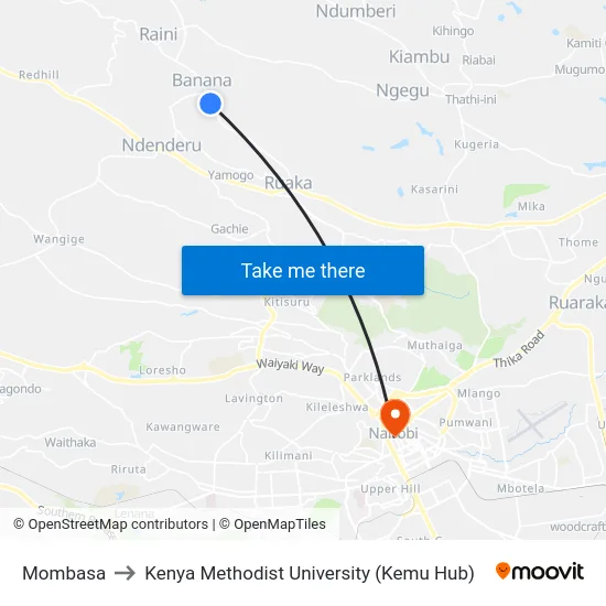 Mombasa to Kenya Methodist University (Kemu Hub) map
