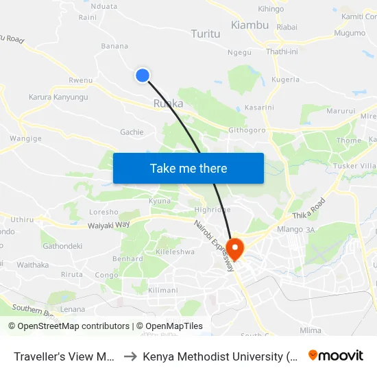 Traveller's View Muchatha to Kenya Methodist University (Kemu Hub) map