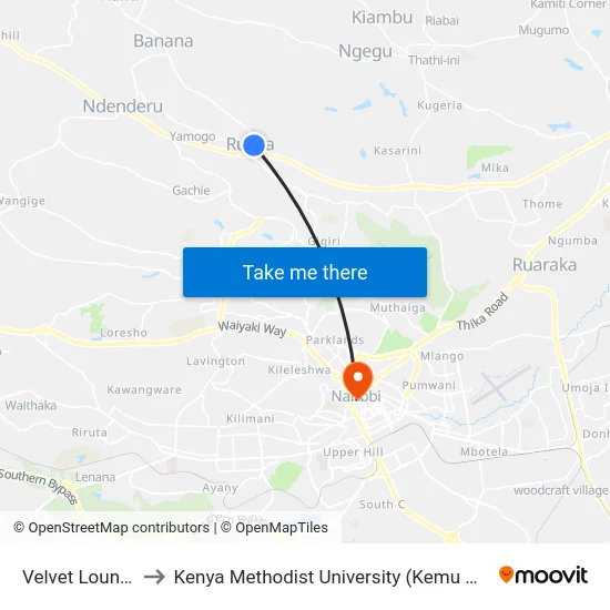 Velvet Lounge to Kenya Methodist University (Kemu Hub) map