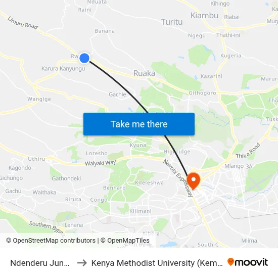Ndenderu Junction to Kenya Methodist University (Kemu Hub) map