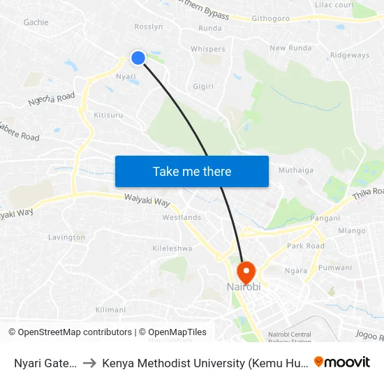 Nyari Gate 2 to Kenya Methodist University (Kemu Hub) map