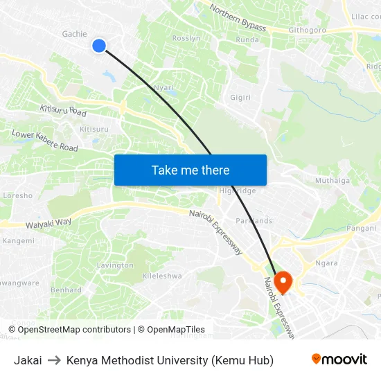 Jakai to Kenya Methodist University (Kemu Hub) map