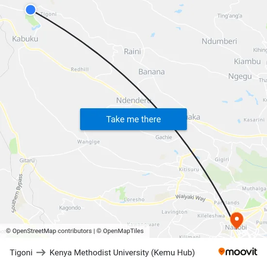 Tigoni to Kenya Methodist University (Kemu Hub) map