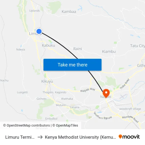 Limuru Terminus to Kenya Methodist University (Kemu Hub) map