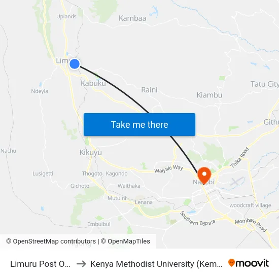 Limuru Post Office to Kenya Methodist University (Kemu Hub) map