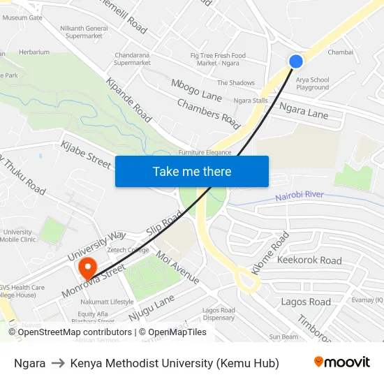 Ngara to Kenya Methodist University (Kemu Hub) map