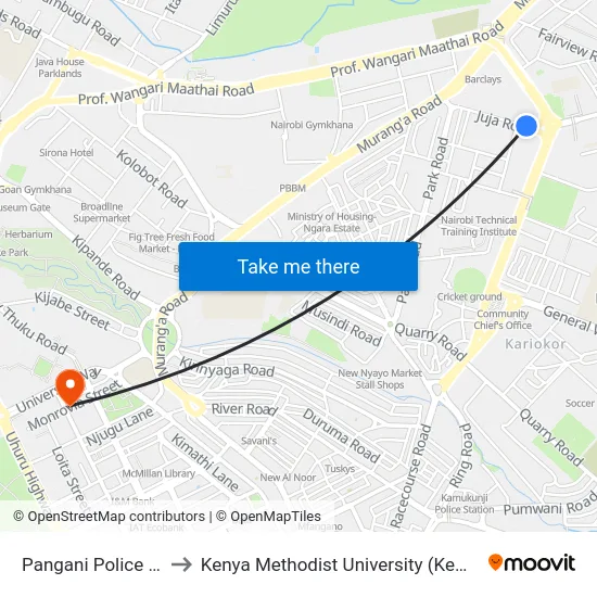 Pangani Police Post to Kenya Methodist University (Kemu Hub) map
