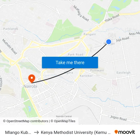 Mlango Kubwa to Kenya Methodist University (Kemu Hub) map