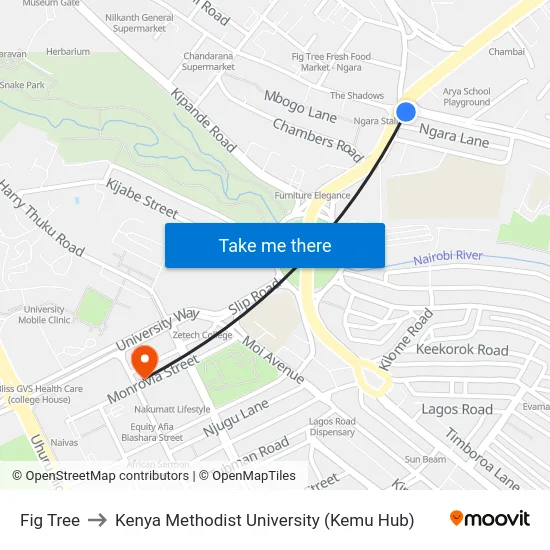 Fig Tree to Kenya Methodist University (Kemu Hub) map