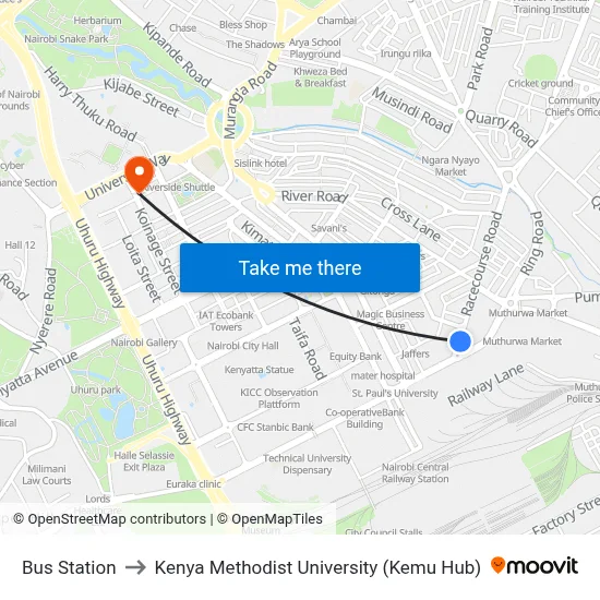 Bus Station to Kenya Methodist University (Kemu Hub) map