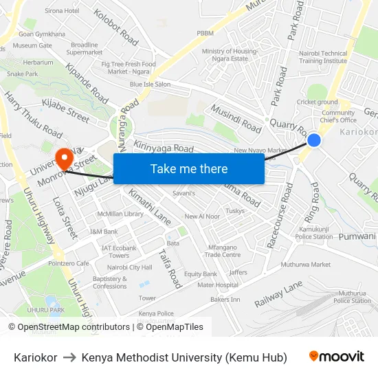 Kariokor to Kenya Methodist University (Kemu Hub) map