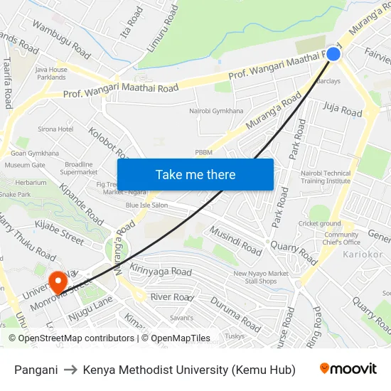 Pangani to Kenya Methodist University (Kemu Hub) map