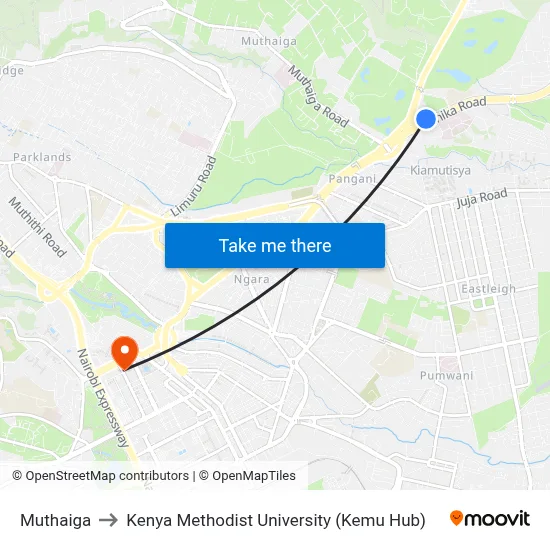 Muthaiga to Kenya Methodist University (Kemu Hub) map