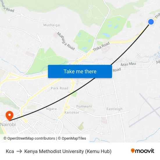 Kca to Kenya Methodist University (Kemu Hub) map