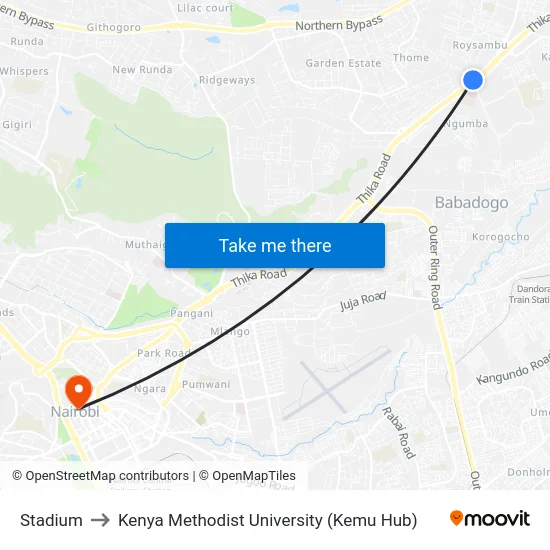 Stadium to Kenya Methodist University (Kemu Hub) map