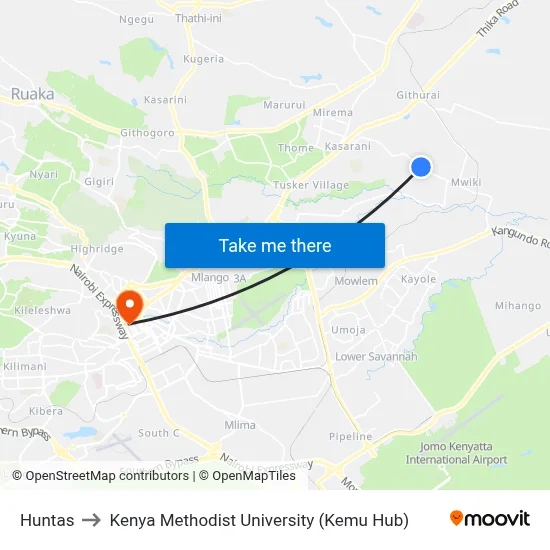 Huntas to Kenya Methodist University (Kemu Hub) map