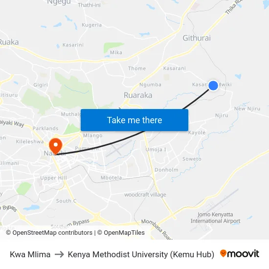 Kwa Mlima to Kenya Methodist University (Kemu Hub) map