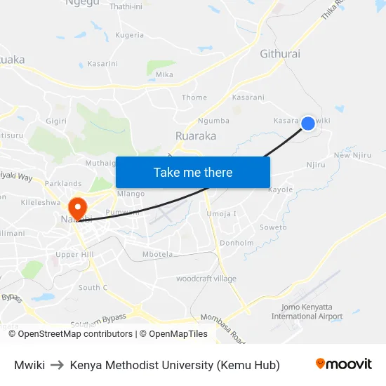 Mwiki to Kenya Methodist University (Kemu Hub) map
