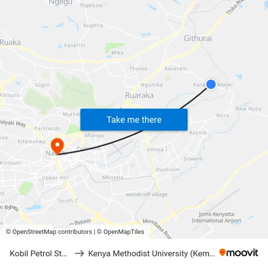Kobil Petrol Station to Kenya Methodist University (Kemu Hub) map