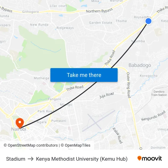 Stadium to Kenya Methodist University (Kemu Hub) map