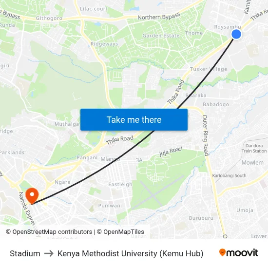 Stadium to Kenya Methodist University (Kemu Hub) map